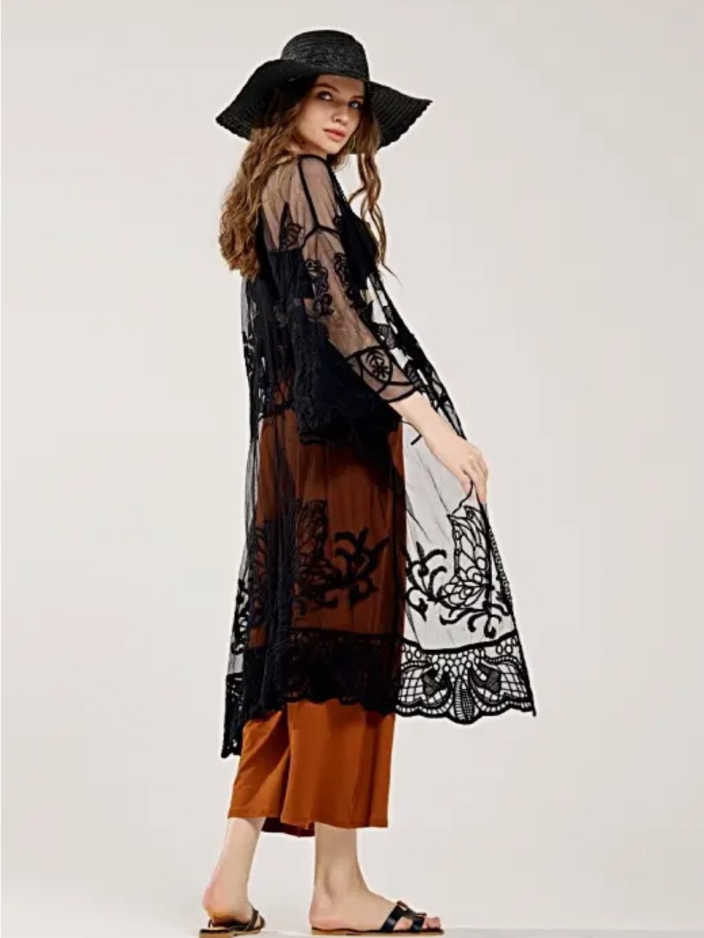 SM199 | Black Embroidered Lace Longline Kimono